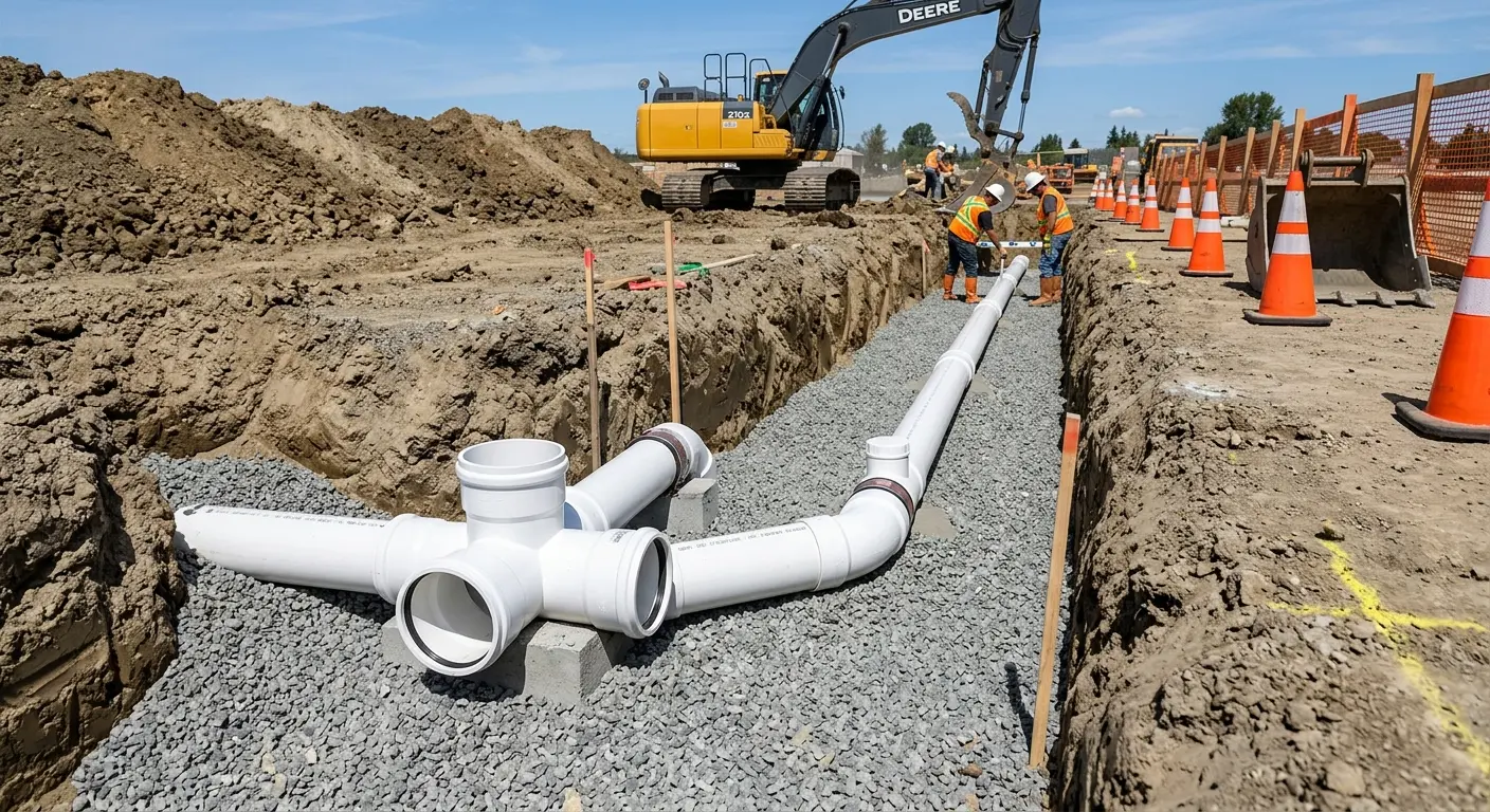 New PVC sewer pipe installation in open trench for Sewer Backup in Bridgeport
