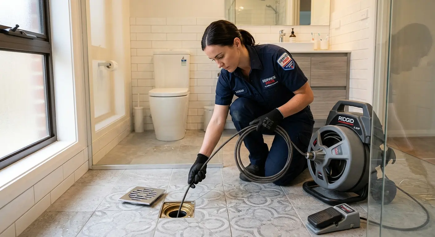 Technician clearing a bathroom floor drain for Sewer Line Replacement in Bridgeport